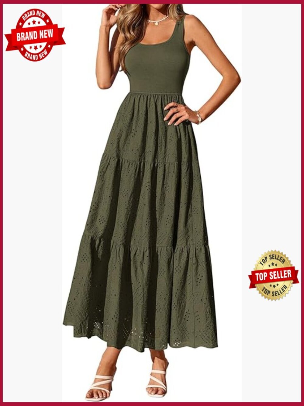 Sleeveless Eyelet Midi A-Line Sundress Flowy Casual Boho